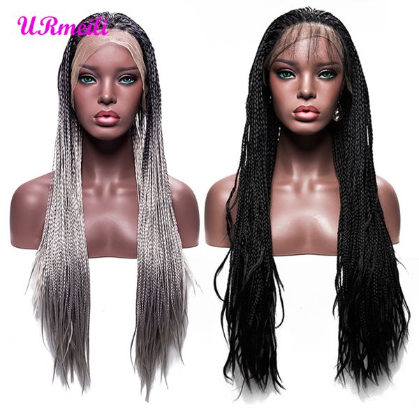 

long black braided box braids wig synthetic high temperature fiber lace front wigs for women 30 inch 2 tone color ombre grey wig