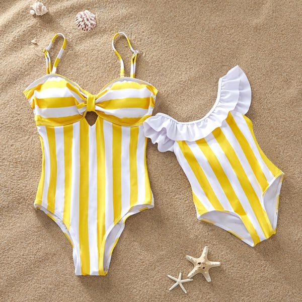 

striped mother daughter swimwear one-piece mommy and me swimsuit family look matching outfits mom mum daughter dresses clothes, Blue