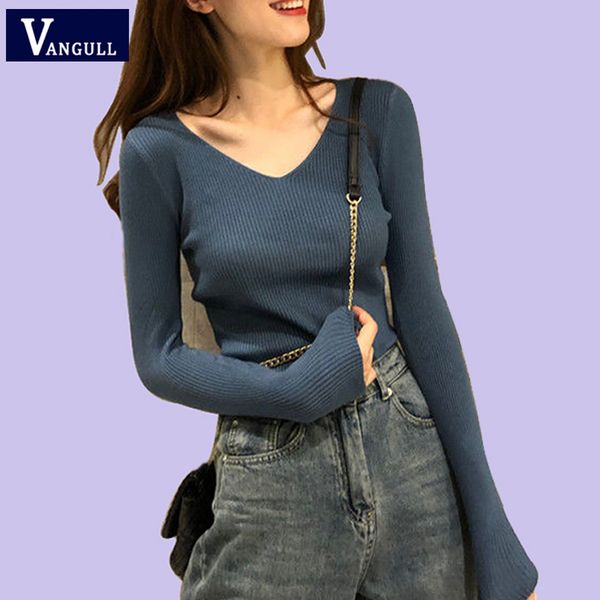 

vangull knitted women sweater spring new style long sleeve v-neck female pullovers 2019 autumn female elastic retro warm sweater, White;black