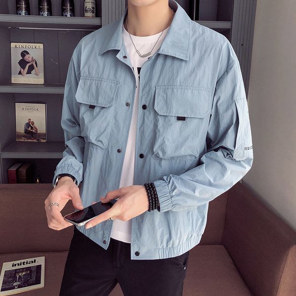 

2020 summer new youth popular loose solid color multi-pocket jacket fashion casual thin men's sun protection clothing, Black;brown