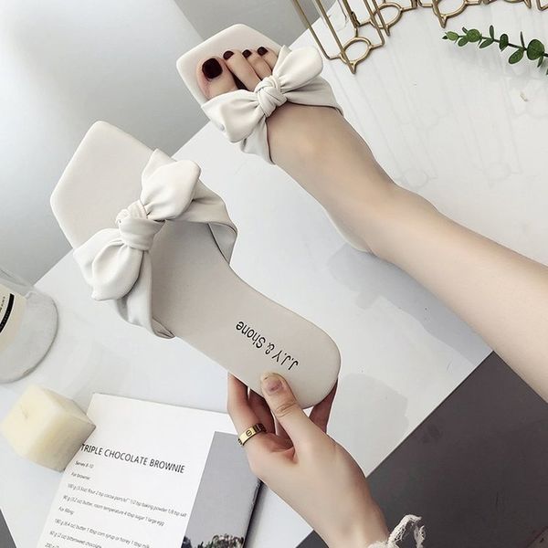 

плоские тапочки женская обувь женщина 2020 новая летняя мода вьетнамки лук узел квадратный носок отдых пляжная обувь твердые кожаные горки, Black