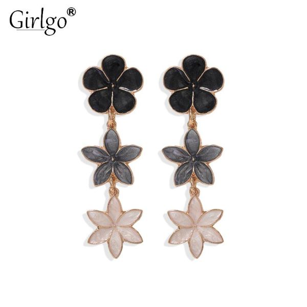 

girlgo 2020 trendy flower dangle hanging earrings for women charm oil pearl enamel leaf pendant earring long layer ear jewelry, Silver