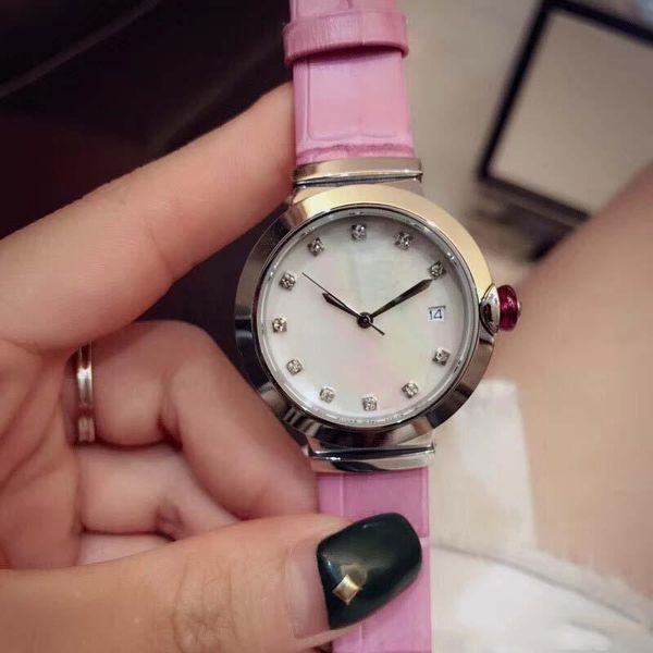 

33mm quartz battery delicate womens watches ladies watch with mother of pearl blue dial diamond hour markers black leather band, Slivery;brown