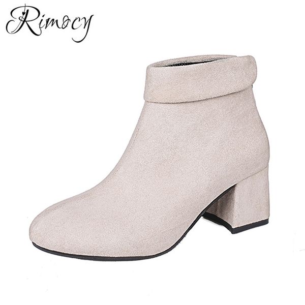 

rimocy ankle boots for women 2019 spring new square heels botines mujer fashion flock round toe shoes woman high heeled booties, Black