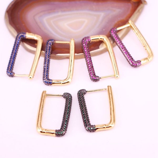 

3pairs, 18*30mm, colorful hoop earrings women cz rainbow jewelry gold color geometric rectangle hoops, Golden;silver