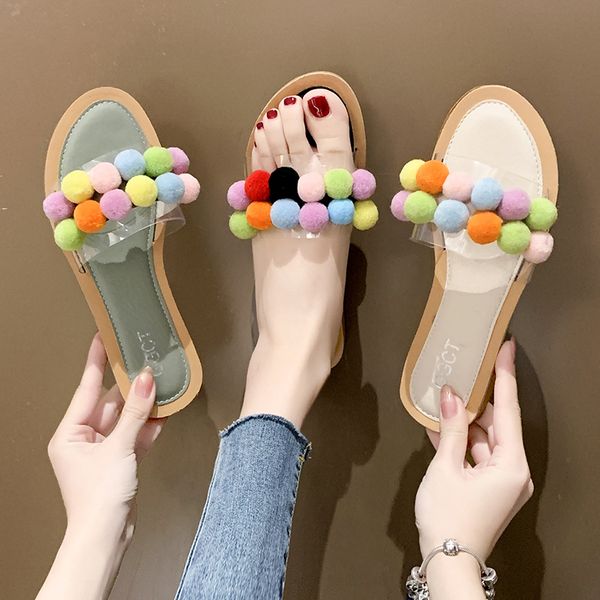 

2020 summer women's shoes flat bath slippers ladies beach color matching hair ball flip-flops female non-slip slippers shoes, Black