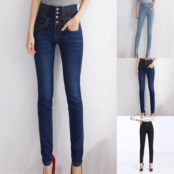 

womens winter warm jeans casual high waist skinny fleece lined pencil pants elastic waist button trousers plus size female jeans, Blue