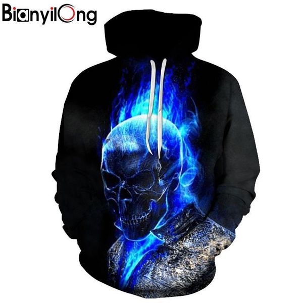 

bianyilong 2018 new blue flame skull hoodies 3d hip hop hoody sweatshirt men women streetwear spring autumn pullovers, Black