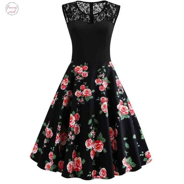 

vintage flower print mini dress for women o neck lace patchwork long dresses swing draped vestidos plus size 4xl, Black;gray