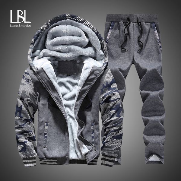 

new winter tracksuits men set thick fleece hoodies+pants suit zipper hooded sweatshirt sportswear set male hoodie sporting suits, Gray