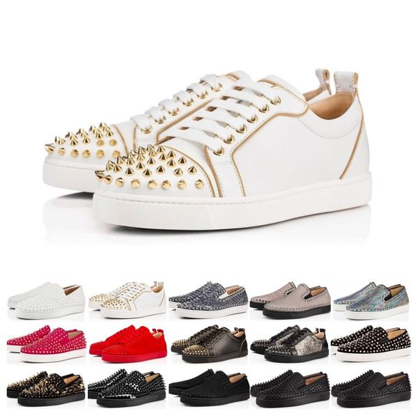 

designer red bottoms shoes studded spikes flat sneakers men women glitter party lovers genuine leather casual rivet sneaker, Black
