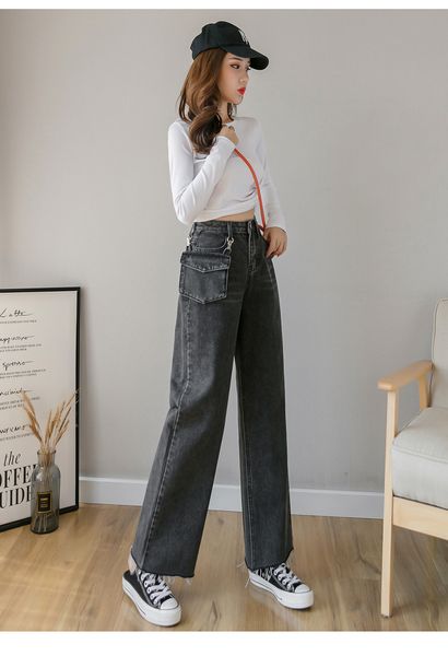 

matte black mop the floor long straight jeans women loose kuo, Blue