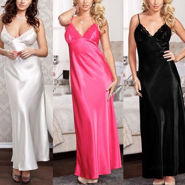 

women's sleepwear women v-neck imitation silk satin long nightdress lace lingerie nightgown ladies solid plus size summer fashion, Black;red
