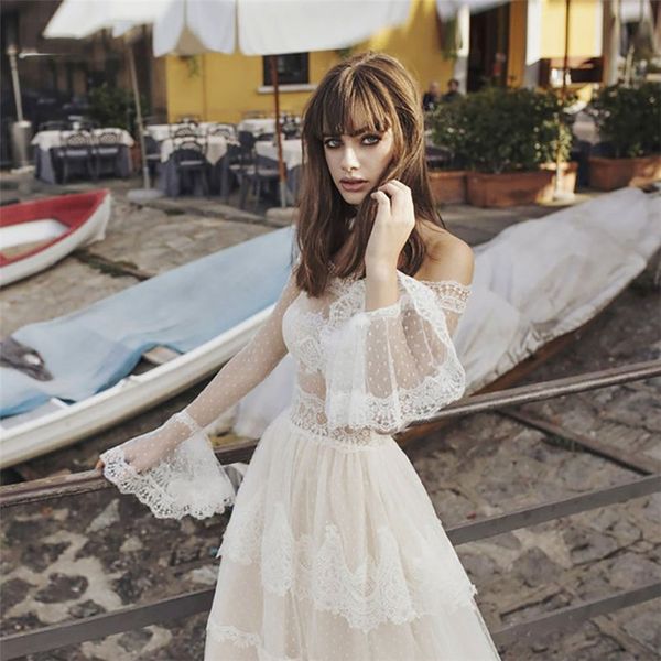 

bateau lace long sleeves a-line wedding dresses custom made long bohemia bridal gowns custom made zipper back formal long bohe, White