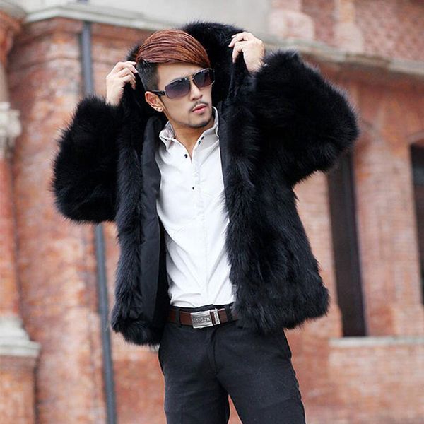 

2018 winter autumn men's hooded faux fur coat men fur jackets casaco thickening warm winter outwear leisure male overcoats, Black