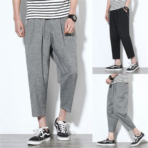 

men's casual new ninth pants loose cotton linen fit wide legs trousers pants, Black