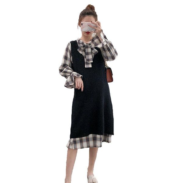 

2019 Fashion Pregnant Women Flare Sleeve Bow Collar Plaid Shirts+Knit Sundress Set Maternity Pregnancy Nursing Dress Suit Q498