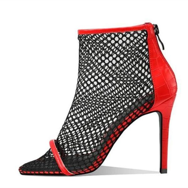 

thin heel fishnet stockings women ankle boots design zip red narrow band female shoes summer runway square toe women boot, Black