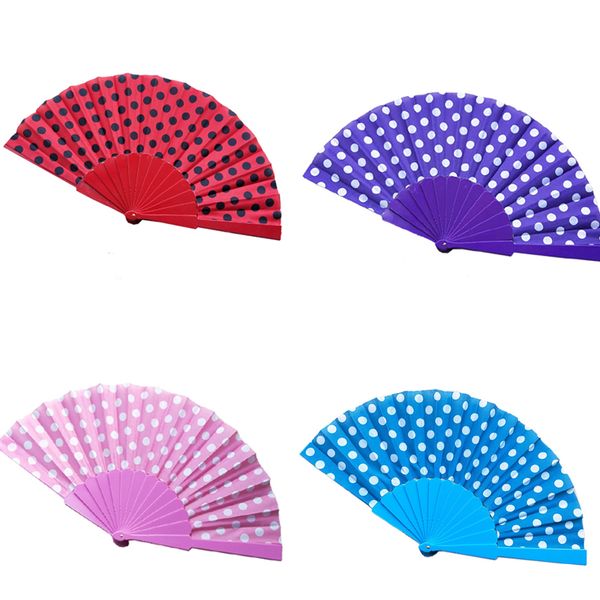 

polka dots design plastic hand folding fan for wedding gifts party favors