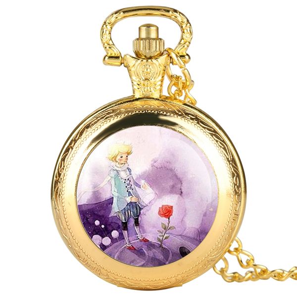 

fashion silver gold bronze little prince pocket watch rose flower necklace pendant fob quartz clock chain souvenir gift for kids, Slivery;golden