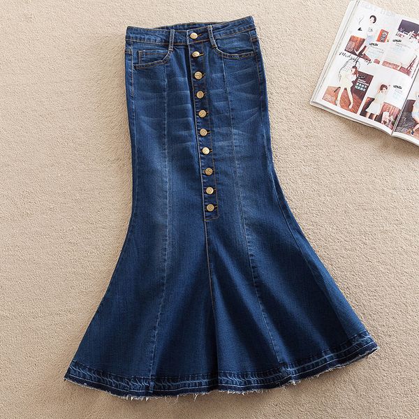 

blue single-breasted button long denim skirts women plus size xs-7xl maxi skirts autumn high street mermaid jeans 2906ly, Black