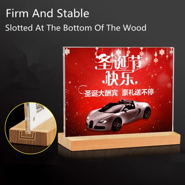 

a6 t vertical shape magnetic table card wood stand holder display with wooden base and acrylic faceplate board for retail store