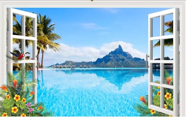 

classic wallpaper for walls 3d background wall with sea view from the window