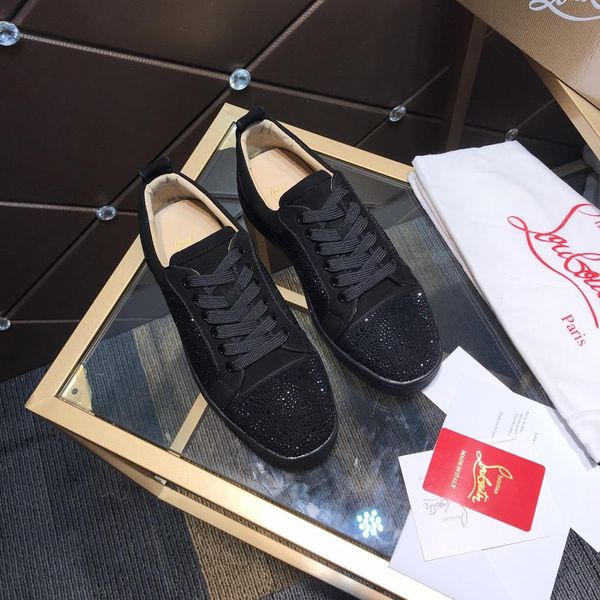 

2020 style flash diamond men's leather sneakers casual brand sports shoes red bottom low-pointed flat shoes okpas, Black