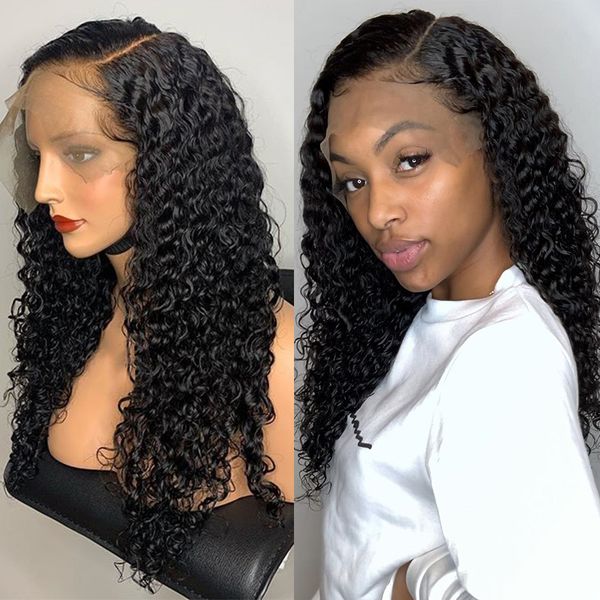 

water wave 360 lace frontal wig pre plucked with baby hair brazilian remy lace front curly human hair wigs natural black, Black;brown