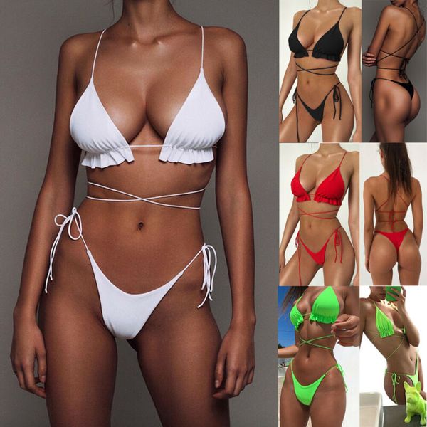 

women push-up padded solid bikini set strappy swimsuit beachwear swimwear bathing suit swimming suit