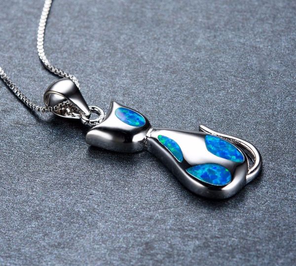 Оптово-925 стерлингового серебра животных цепи свитера ожерелья ювелирных изделий Blue Fire Opal Cat Подвеска Ожерелье для женщин подарки на день рождения