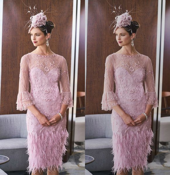 

gillharvey modest sheath mother of the bride dresses jewel neck tulle lace beads feather princess gown tea length wedding guest dress, Black;red