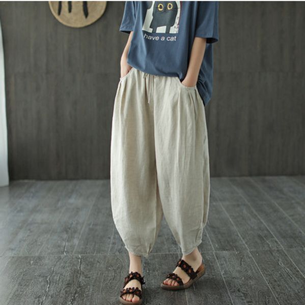 

summer pants retro women elastic waist drawstring casual trousers 2020 ladies new loose pocket all-match pants, Black;white