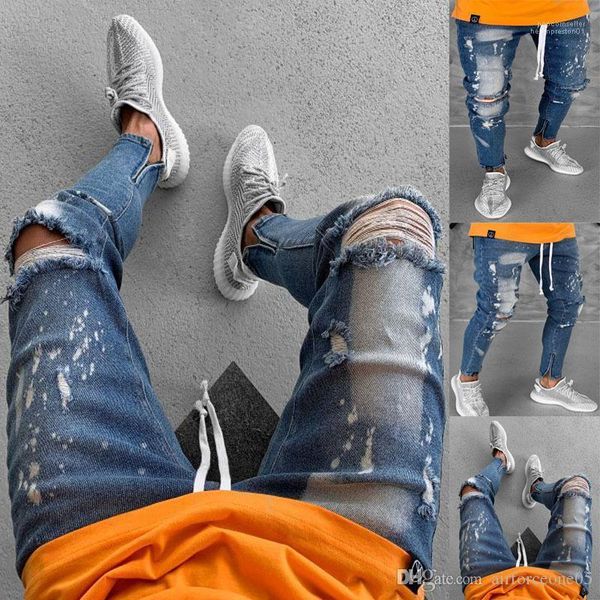 

kanye стиль джинсы мужские biker представляют джинсы slim fit отверстия потрошитель zipper дизайнерские карандаш штаны, Blue