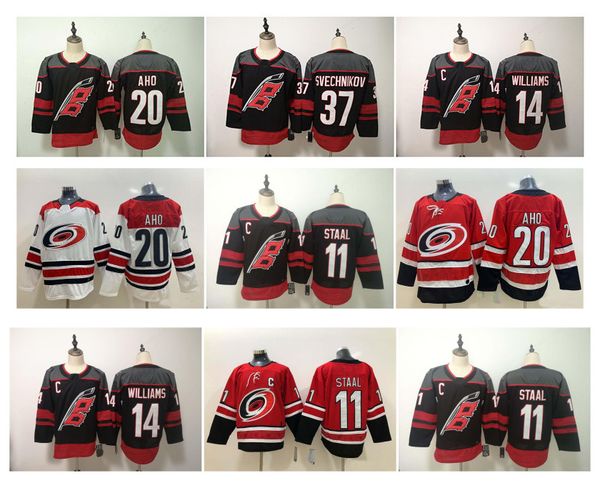 

nhl carolina hurricanes jersey 20 sebastian aho 37 andrei svechnikov 11 staal 14 justin williams black red white 100% stitched hockey jersey