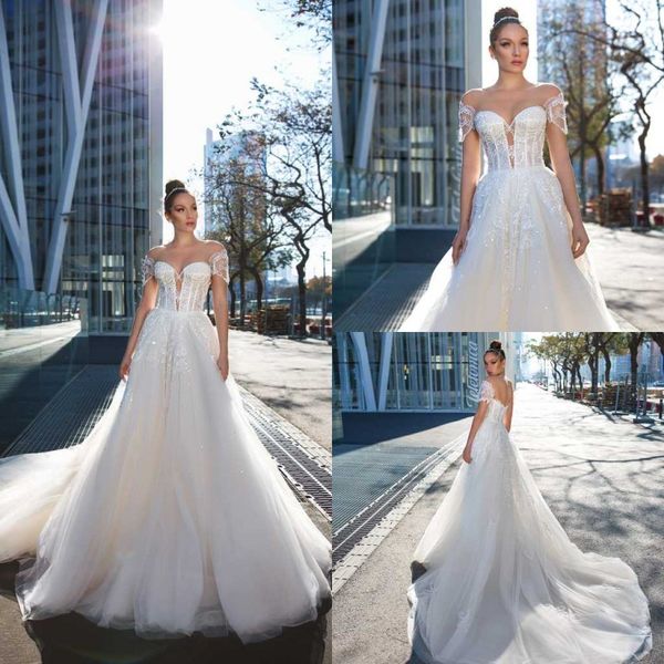 

2020 кристалл дизайн свадебные платья милая укупоренный рукав кружева аппликации пляж свадебные платья спинки развертки поезд a-line свадебн, White