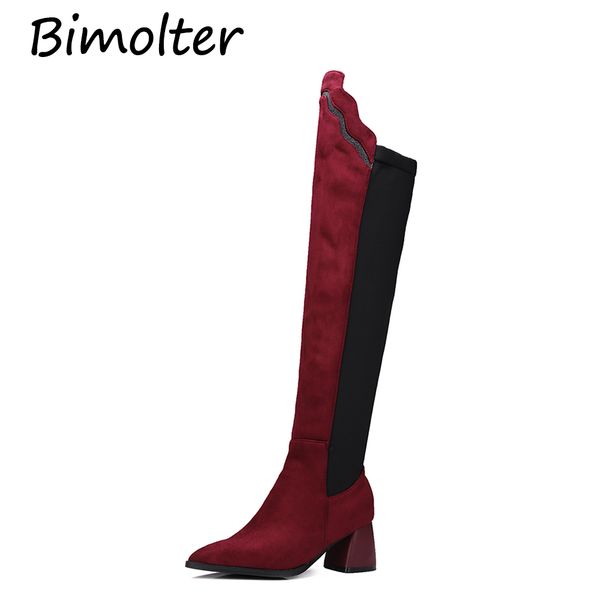 

bimolter 2018 new flock leather women over the knee boots ladies ruffles bling high heels winter warm quality shoes paea041, Black