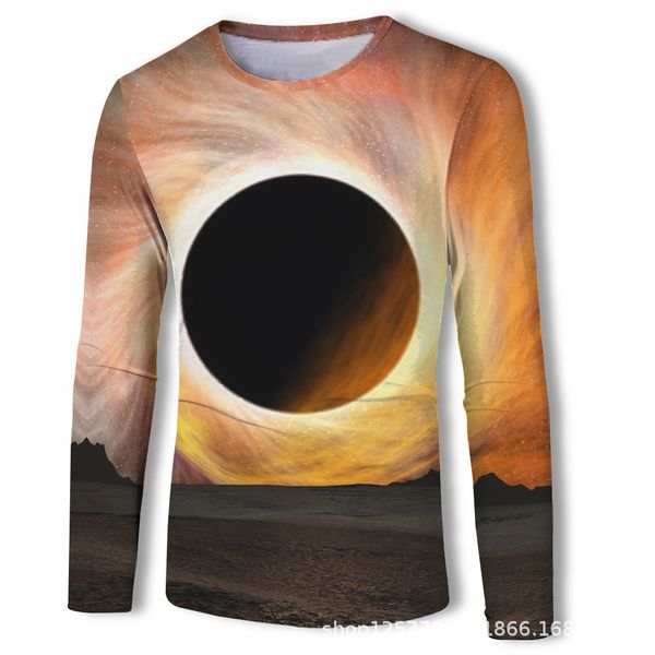 

mens designer long sleeve casual t-shirt digital 3d solar eclipse patternpdlz, White;black