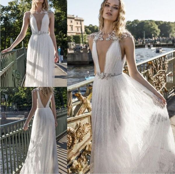 

лиан рокман 2019 линия boho свадебные платья jewel шеи кружева аппликация бусины тюль свадебные платья длиной до пола пляж свадебное платье, White