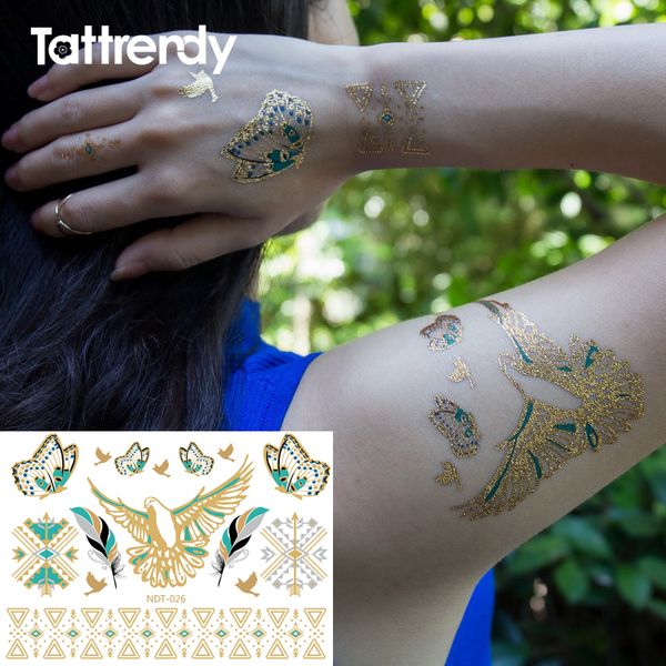 Acheter Or Tatouage Temporaire Flash Bras épaule Oiseau Papillon Plume Couleur Bleu Bracelet En Métal Bijou Autocollant Faux Femmes Tatouages N26 De