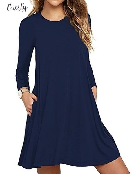 

women fashion long sleeve crew neck pure color thin cotton dresses autumn loose casual plus size dress long sleeve basic short dress, Black;gray