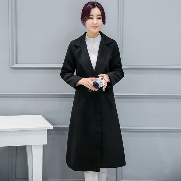 

office lady solid women long winter wool blend coat wide-waisted wool coat and jacket turn-down collar outerwear, Black
