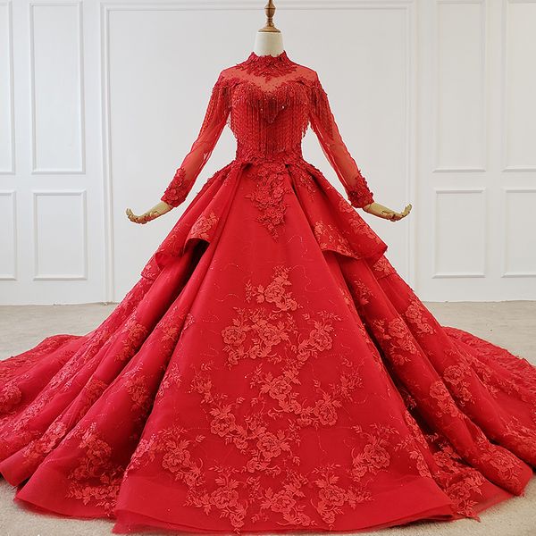 

2020 мусульманская свадебное платье высокого вырезом с длинным рукавом тюль ручной цветы кисточкой кружева аппликациями свадебные платья атл, White