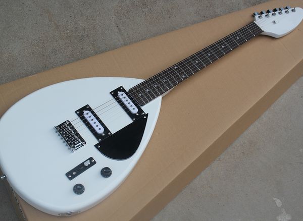Spedizione gratuita chitarra elettrica semi vuota bianca con ponte fisso, tastiera in palissandro, battipenna nero, personalizzabile