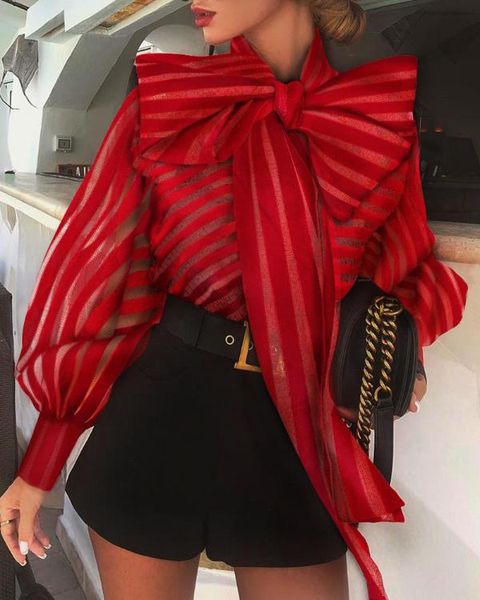 

mesh see through bowknot lantern sleeve striped blouse shirts female outfits, White