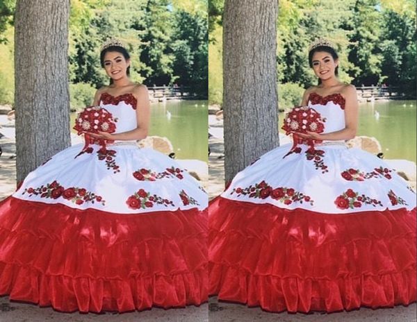 

unique red and white satin ruffle quinceanera prom dresses strapless organza 3d floral flowers lace evening sweet 15 dress long, Blue;red
