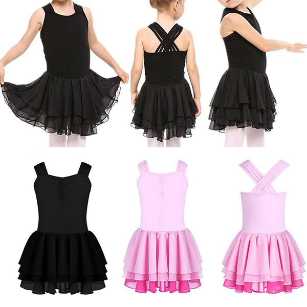 

tiaobug kids girls cotton ballet leotard criss-cross strappy ruffle chiffon ballet tutu dress gymnastics leotard child dancewear, Black;red