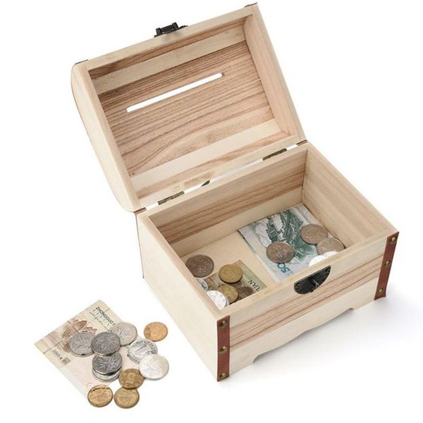 

1pc wooden piggy bank safe money box savings with lock wood carving handmade coin storage box high quality