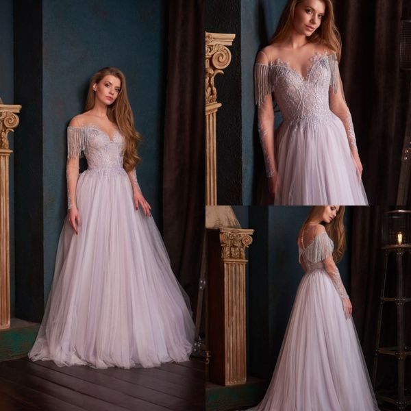 

2019 элегантные вечерние платья jewel шеи see through кружева аппликации с длинными рукавами тюль платье выпускного вечера длина пола линии, Black;red