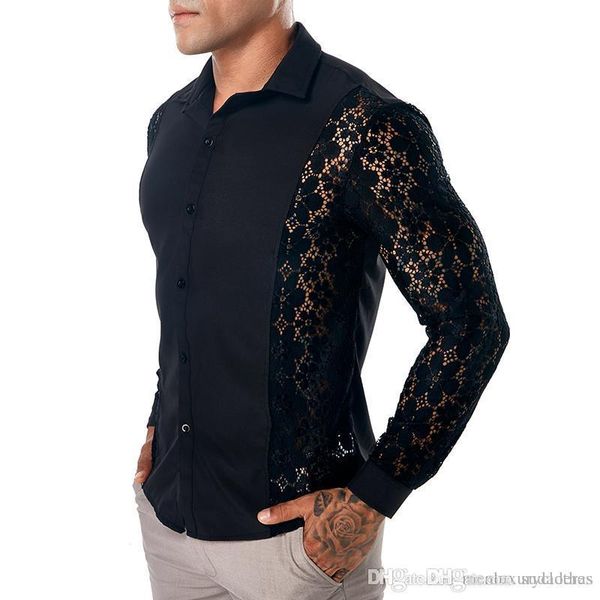 

весна 19ss мужские кружева рубашки лето повседневная рубашка turn down воротник с длинными рукавами топы тис, White;black